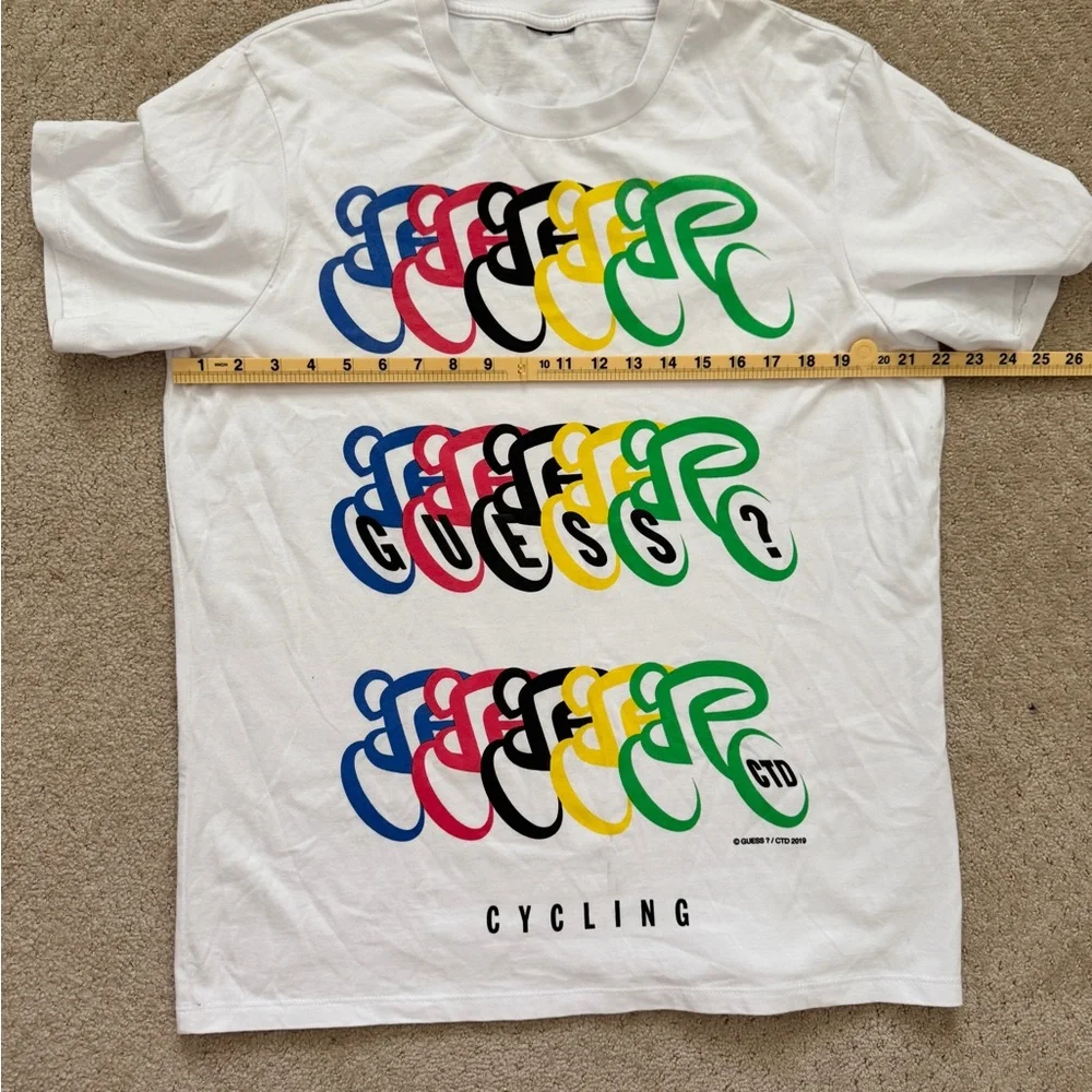 GUESS Men's White Multicolored Cycling Short Sleeve Tee T-Shirt-LARGE - Picture 3 of 4